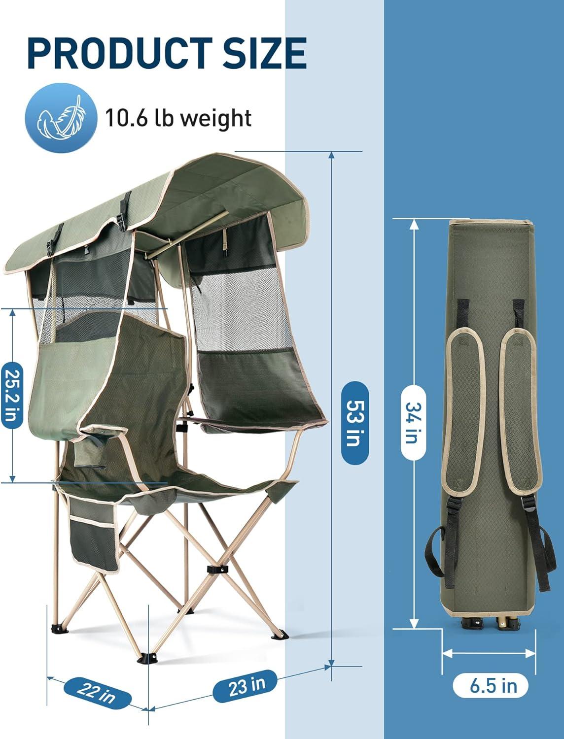 Green Folding Camping Chair with Shade Canopy and Storage