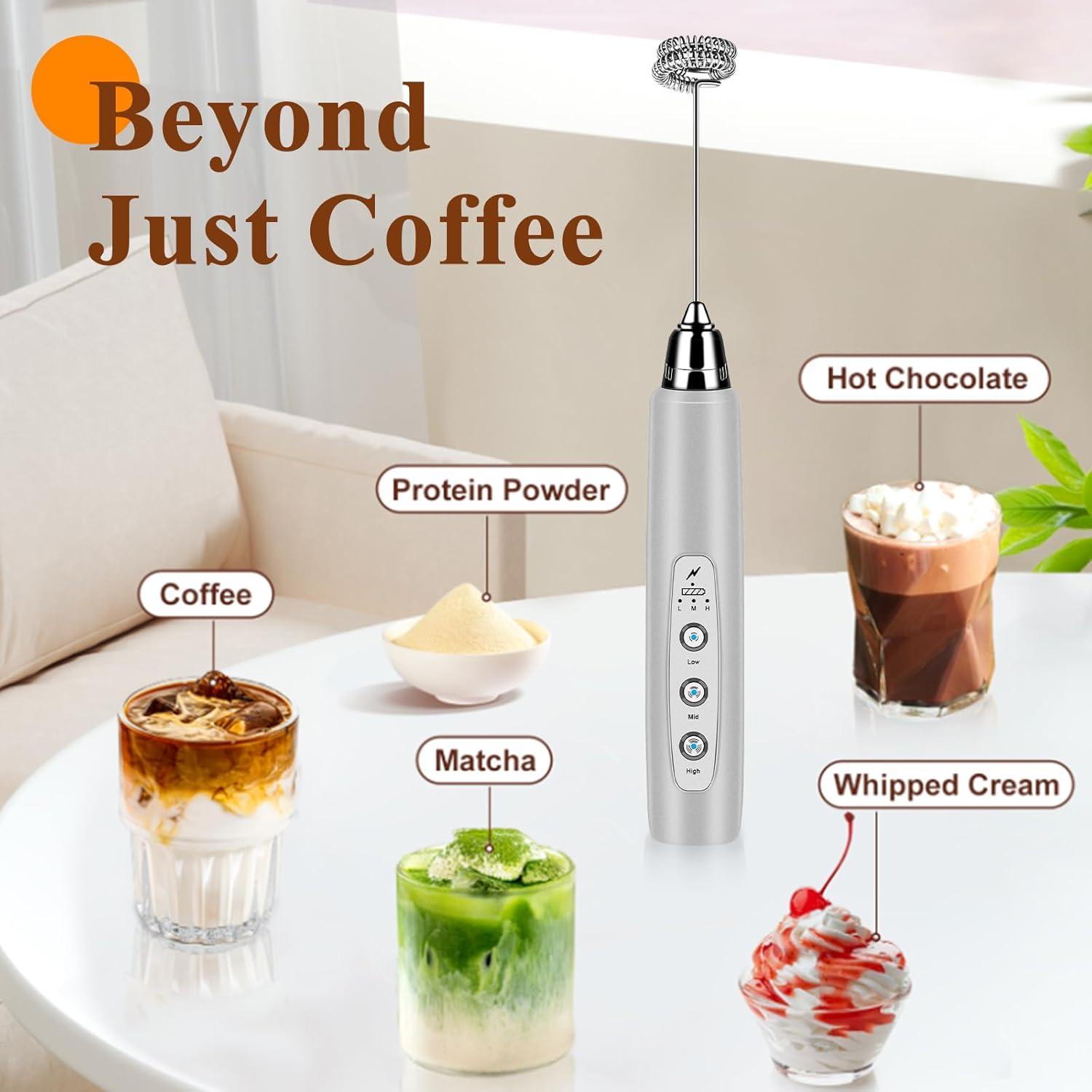 Silver Rechargeable Handheld Milk Frother with 3 Whisks