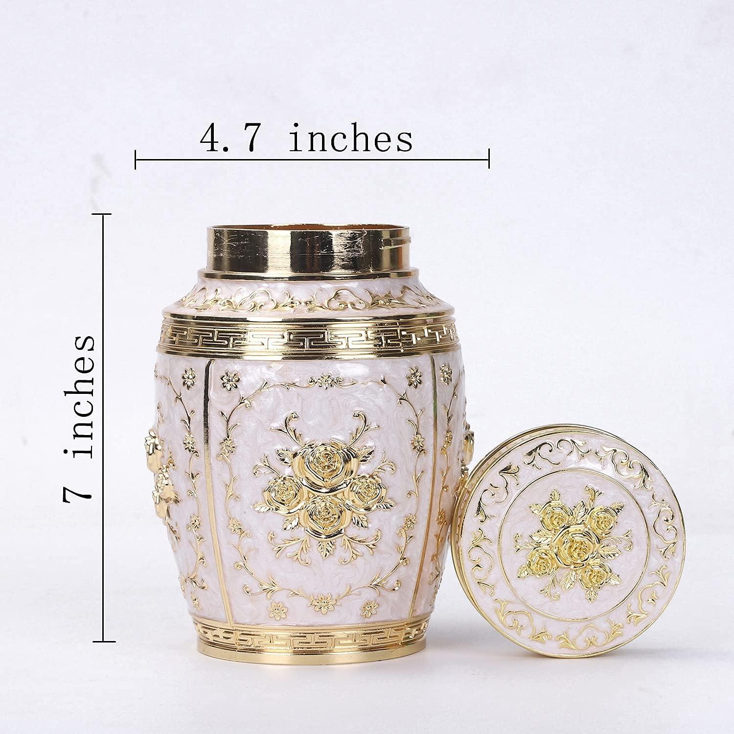 Gold and White Rose Embellished Medium Metal Urn