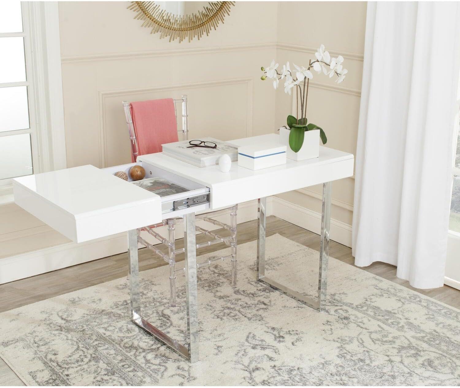 Elegant Transitional 53'' White and Chrome Home Office Desk with Drawer