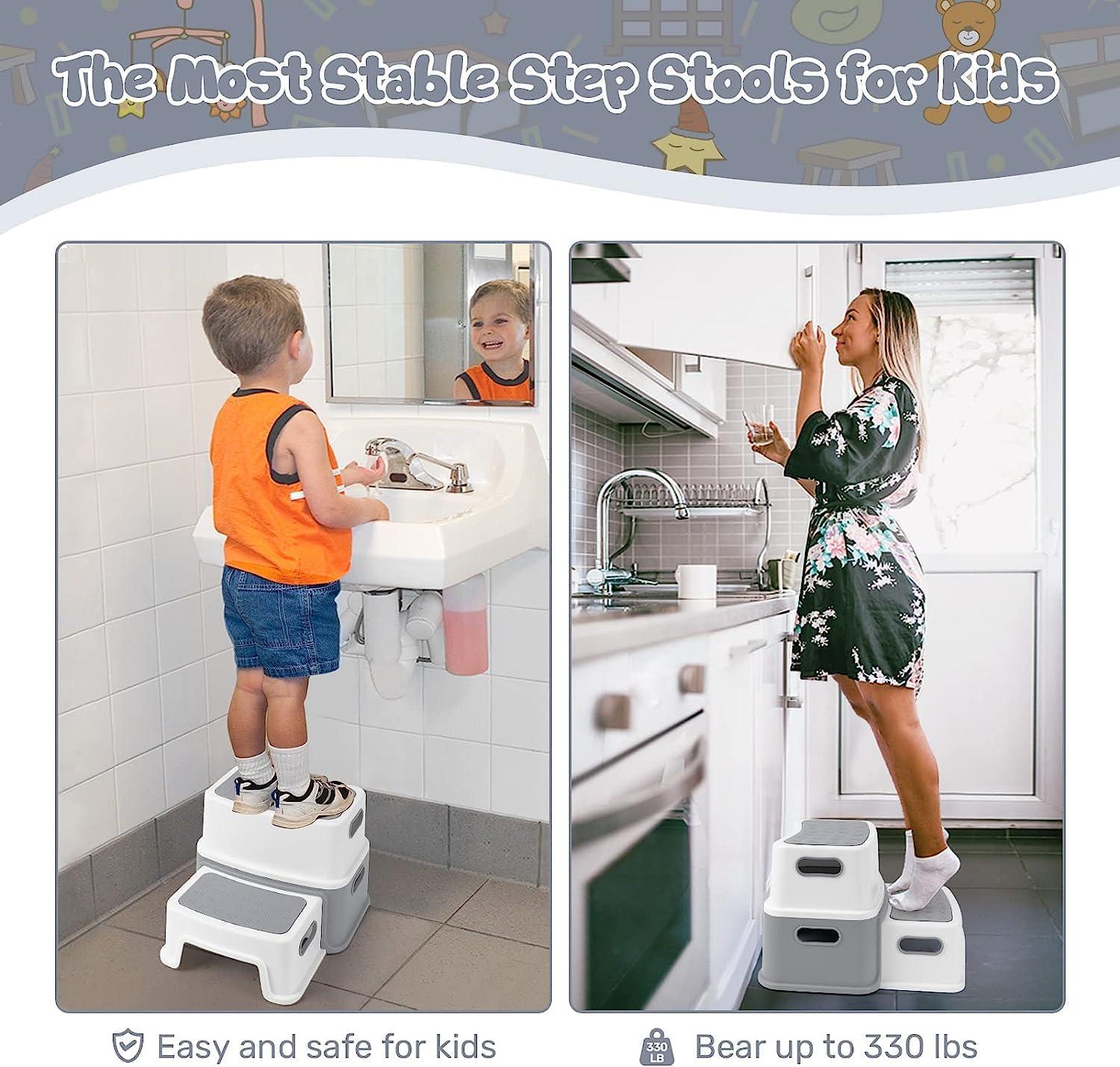 Toddler Step Stool for Toilet, Two Step Stool for Kids Bathroom with Handle for Potty Training, Non-Slip Girls Small Heavy Duty Plastic Stool for Sink Bed Kitchen Counter(Grey)