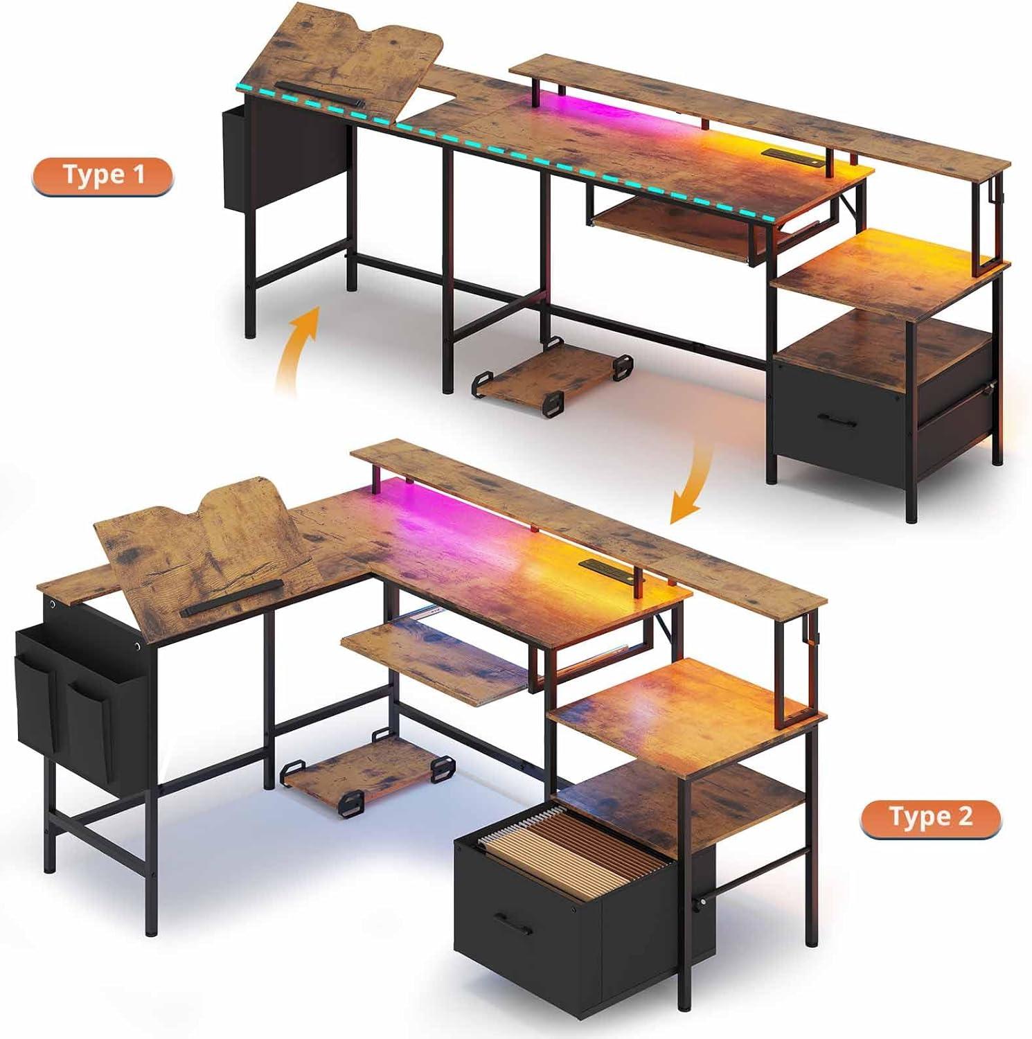 Afuhokles L Shaped Gaming Desk, Led Reversible Corner Computer Desk with Power Outlet, Monitor Stand CPU Stand, Brown