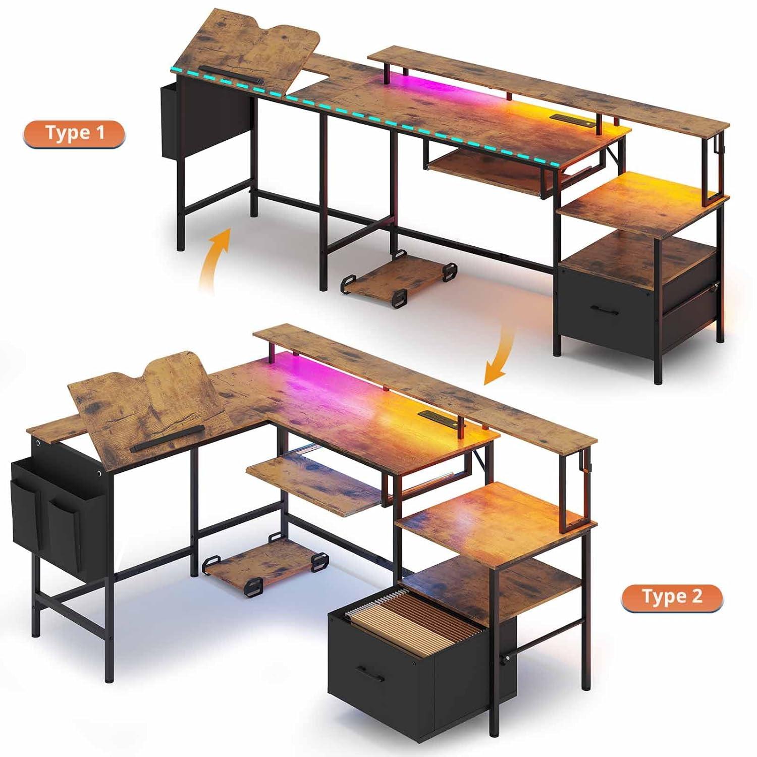 Afuhokles L Shaped Gaming Desk, Led Reversible Corner Computer Desk with Power Outlet, Monitor Stand CPU Stand, Brown
