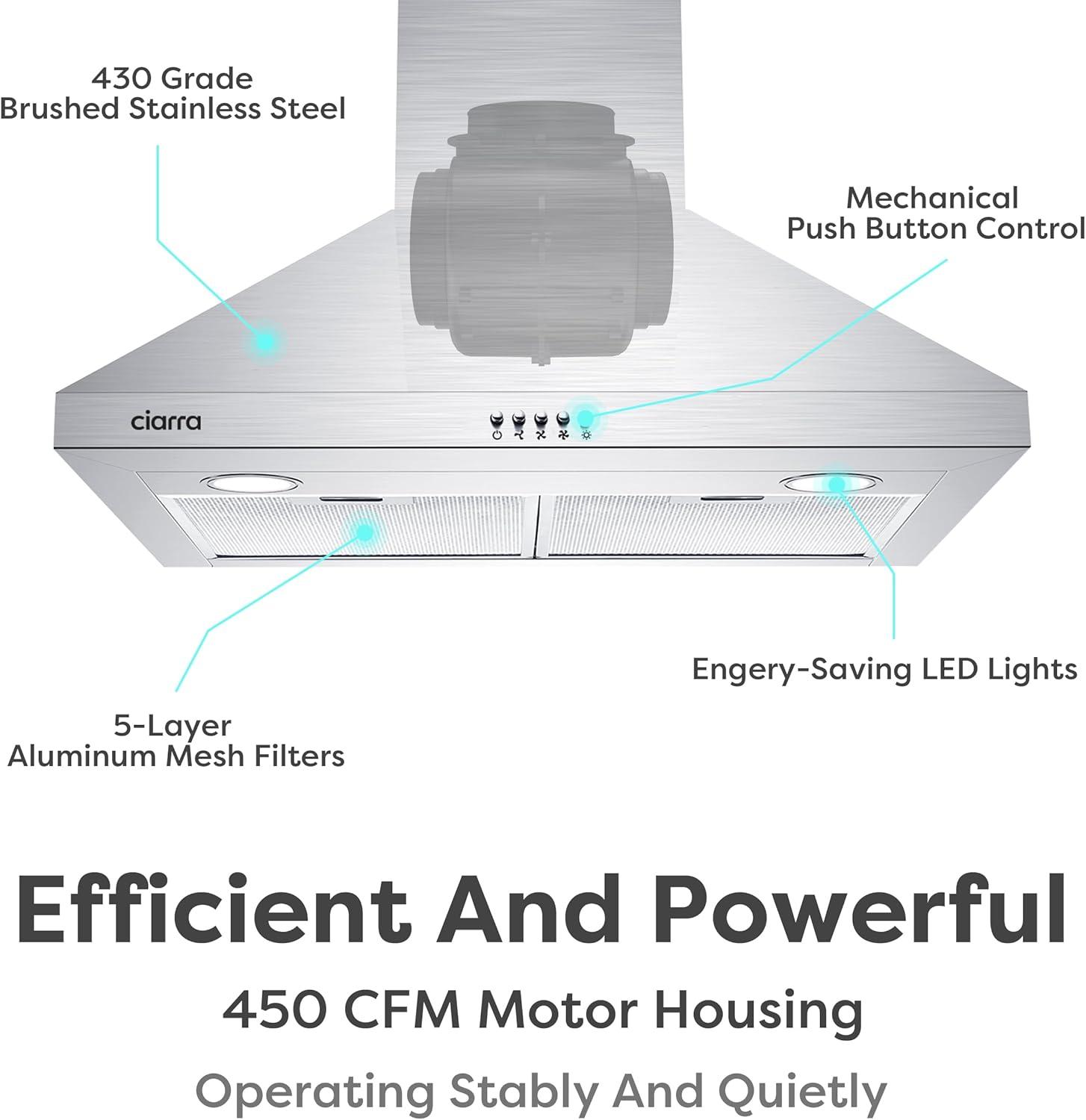 CIARRA Wall Mount Range Hood 30 inch 450CFM with Push Button, Stainless Steel CAS206P75