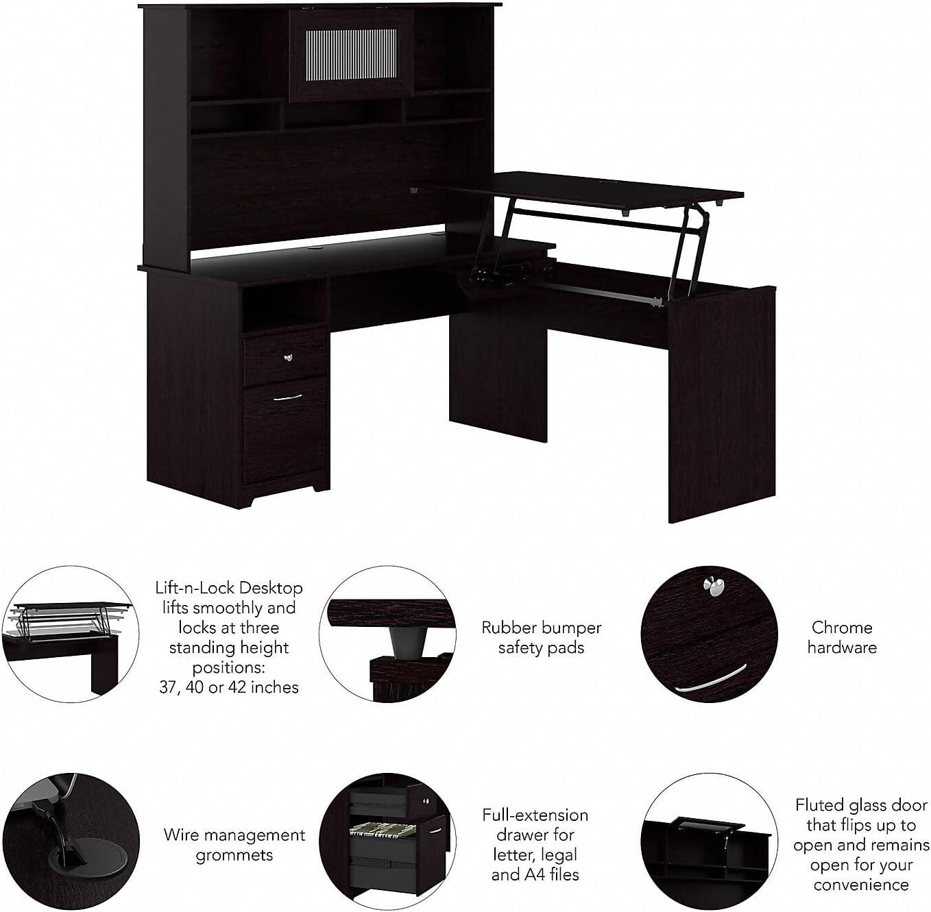 Cabot 60W 3 Position Sit to Stand L Desk & Hutch in Espresso Oak - Eng Wood