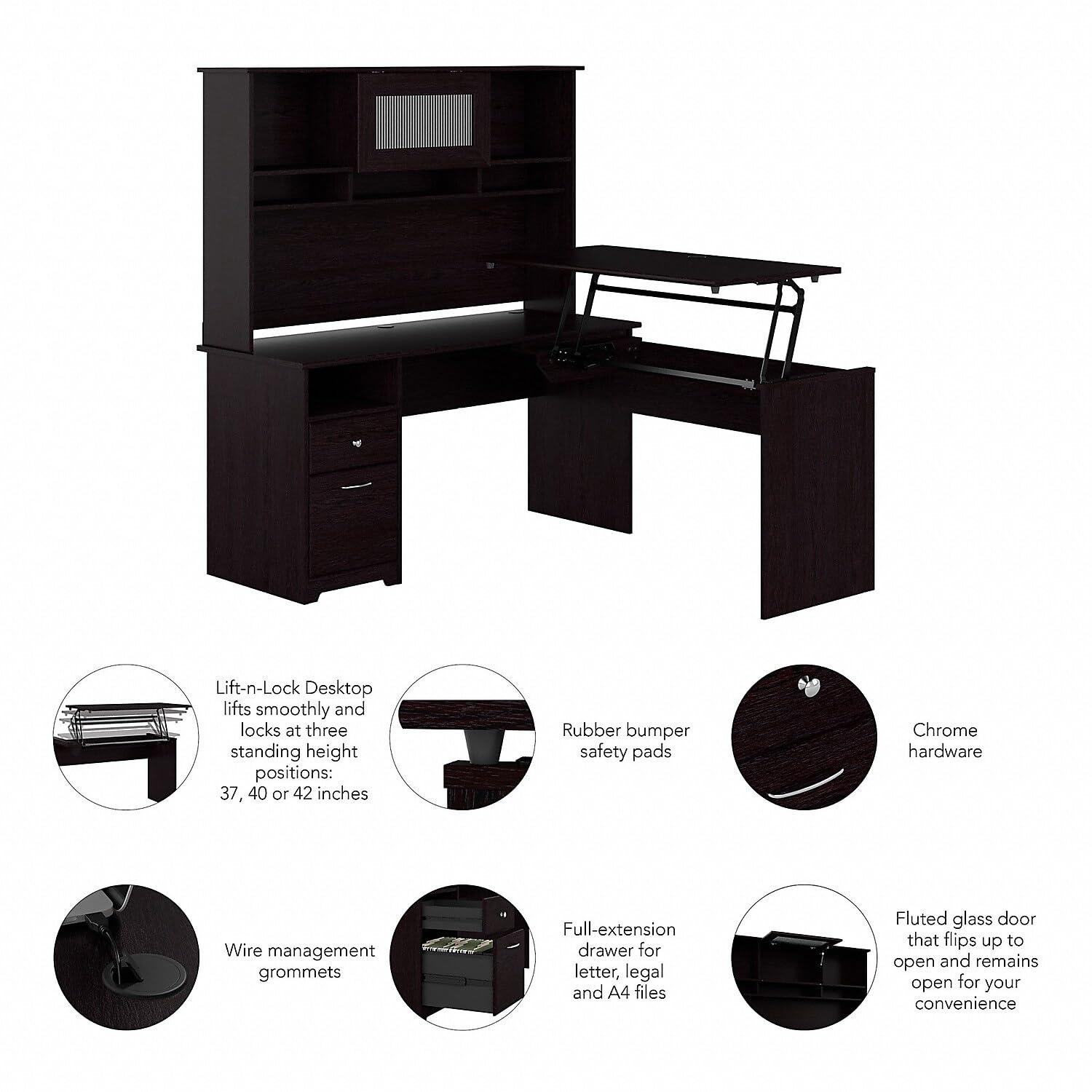 Cabot 60W 3 Position Sit to Stand L Desk & Hutch in Espresso Oak - Eng Wood
