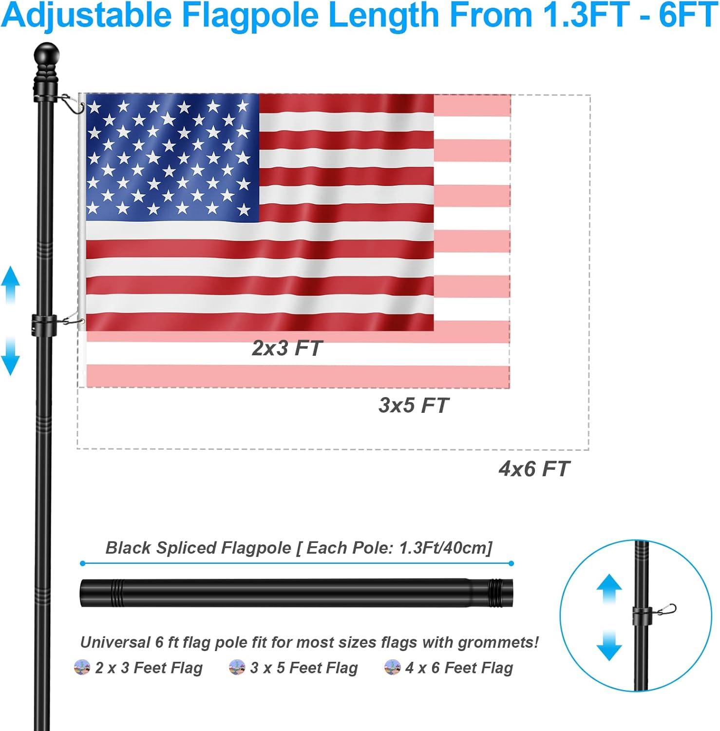 6 FT Flag Pole Kit with Mutil-Position Adjustable Bracket & Spinning Flagpole Rings, 1" Thicken Stainless Steel Metal Flag Poles for 3x5 Flag Outside House Wall Post Mount (6 FT, w/180° Black Bracket)