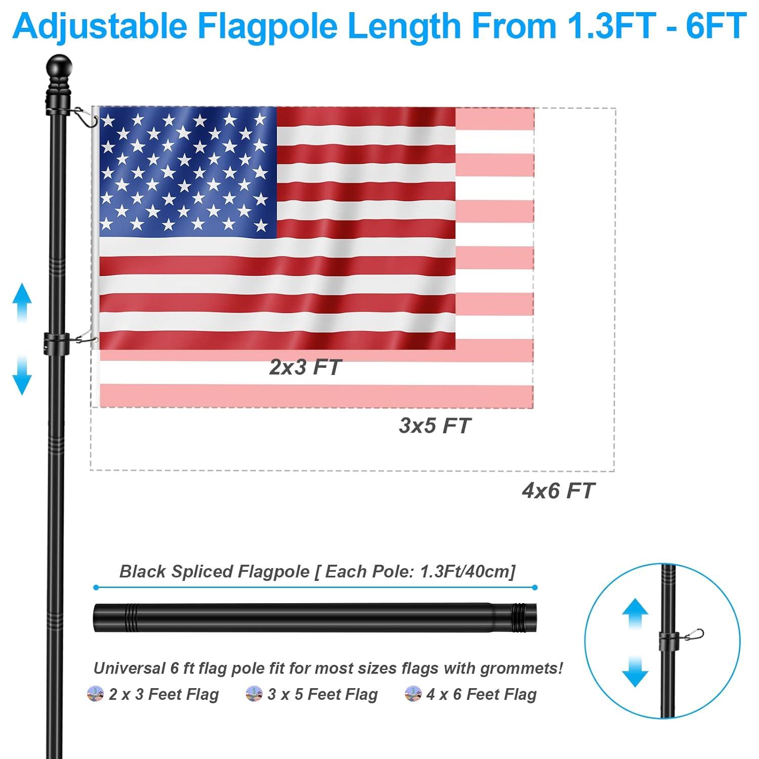 6 FT Flag Pole Kit with Mutil-Position Adjustable Bracket & Spinning Flagpole Rings, 1" Thicken Stainless Steel Metal Flag Poles for 3x5 Flag Outside House Wall Post Mount (6 FT, w/180° Black Bracket)