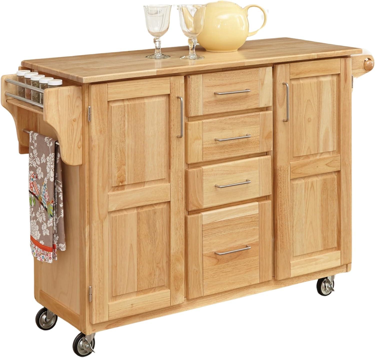 Breakfast Bar Kitchen Cart with Wood Top Natural - Home Styles: Rolling Island Storage, 2 Shelves, 2 Doors