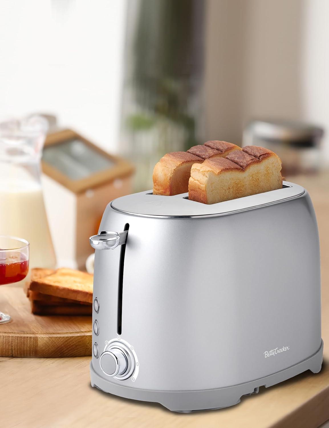 Betty Crocker 2-slice Multi-function Toaster, Toaster 2 Slice With Extra Wide Slots For Thick Bread, Bagel & Waffle, Toast Shade Control Dial, Slide Out Crumb Tray