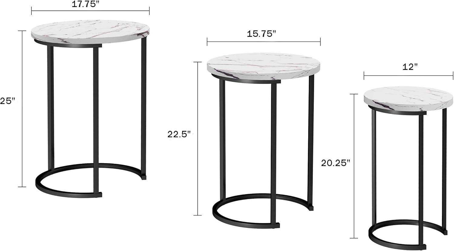 Set of 3 Round Living Room End Tables – Modern Faux Marble Top and Black Metal Base Nesting Tables or Nightstands (White)