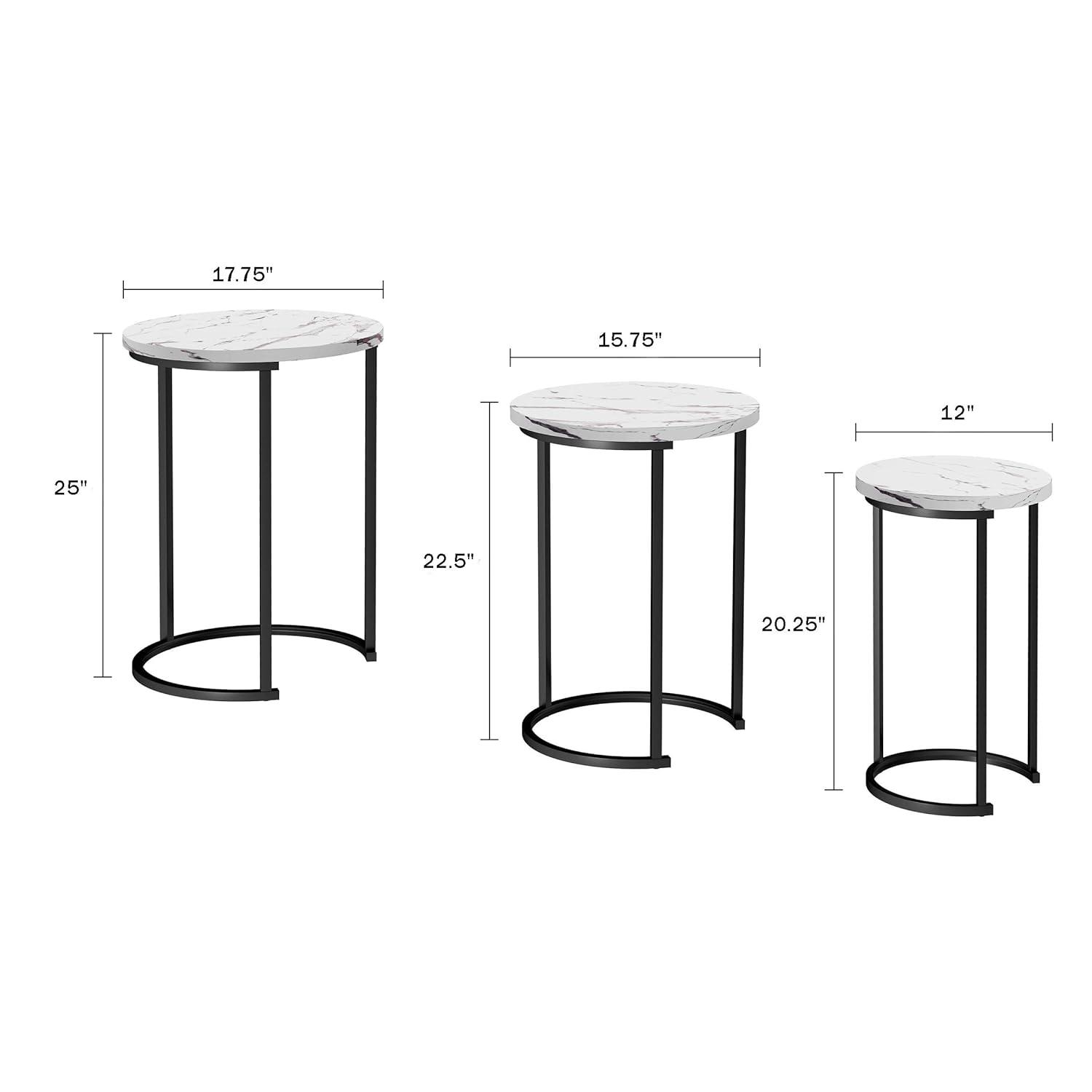 Set of 3 White Faux Marble and Black Metal Round Nesting Tables