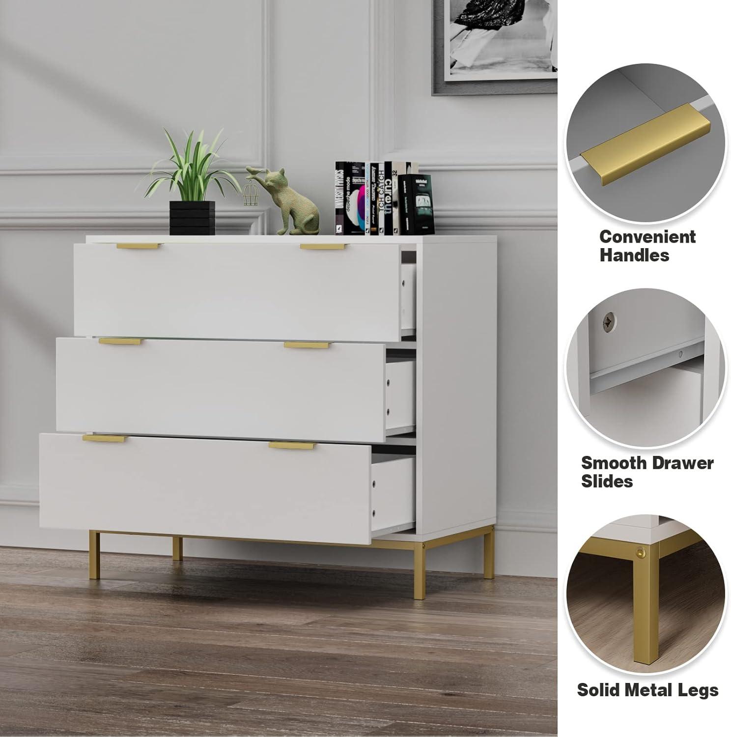 White MDF 3-Drawer Chest with Gold Accents