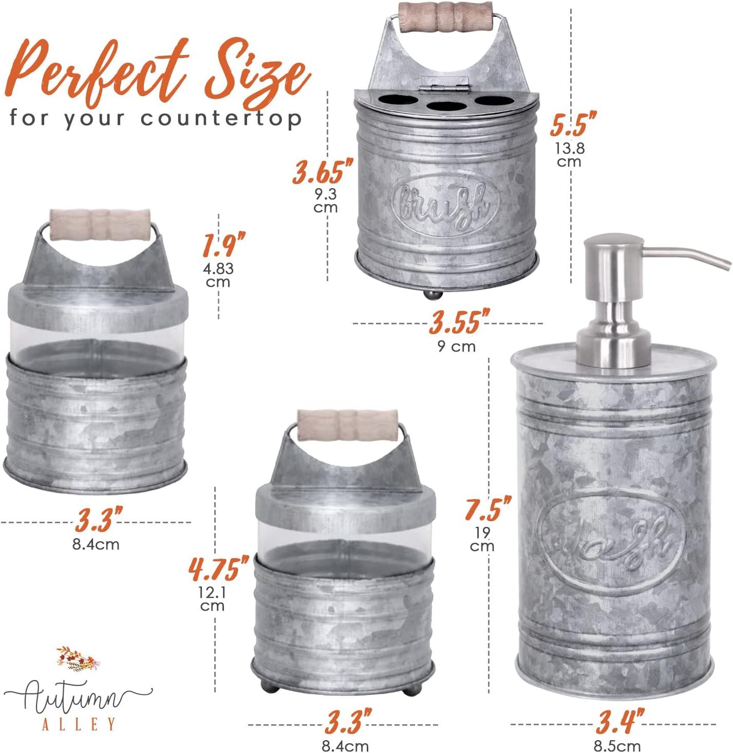 THE GLAMOUR BOUTIQUES Rustic Bathroom Accessories Set 4 - Galvanized Soap Dispenser, Rustic Toothbrush Holder, 2 Apothecary Jars Qtip Holder - Rustic Bathroom Decor – Farmhouse Bathroom Accessories