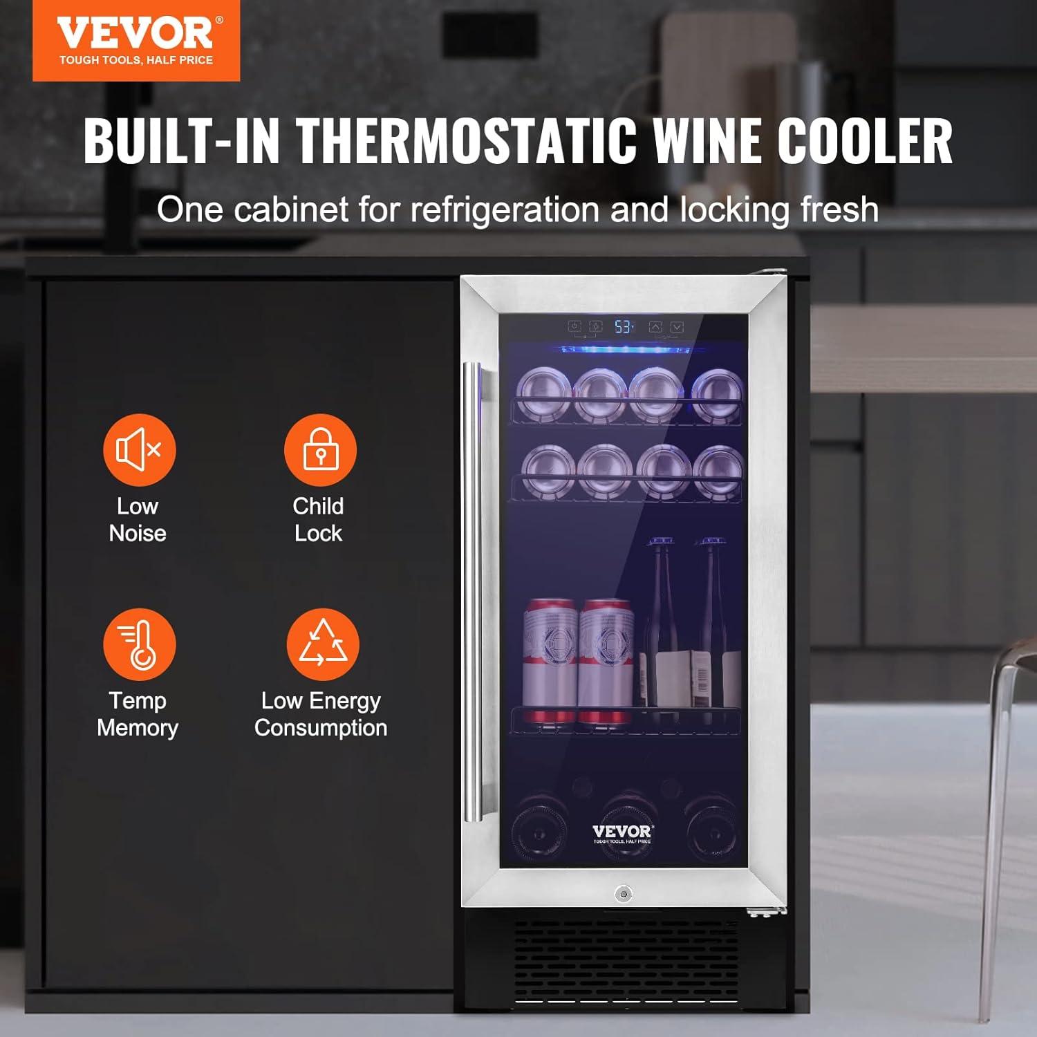 VEVOR Wine Cooler, 30 Bottles Capacity Under Counter Built-in or Freestanding Wine Refrigerator, Beverage Cooler with Blue LED Light, Single Door, Child Lock for Drink Beer Soda Wine Water, ETL Listed