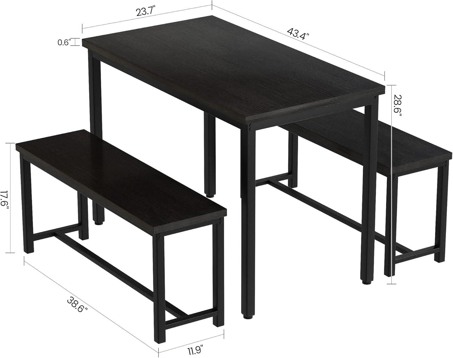 Black Modern Industrial Dining Table Set with Benches