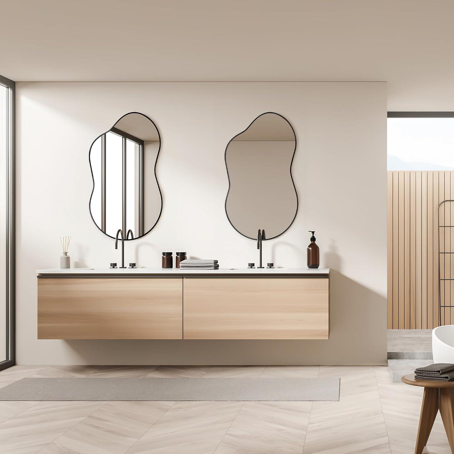 Funtouch Irregular Wall Mirrors 24"x 36" Cloud Shaped Mirrors for Bathroom, Aluminum Alloy Frame Black