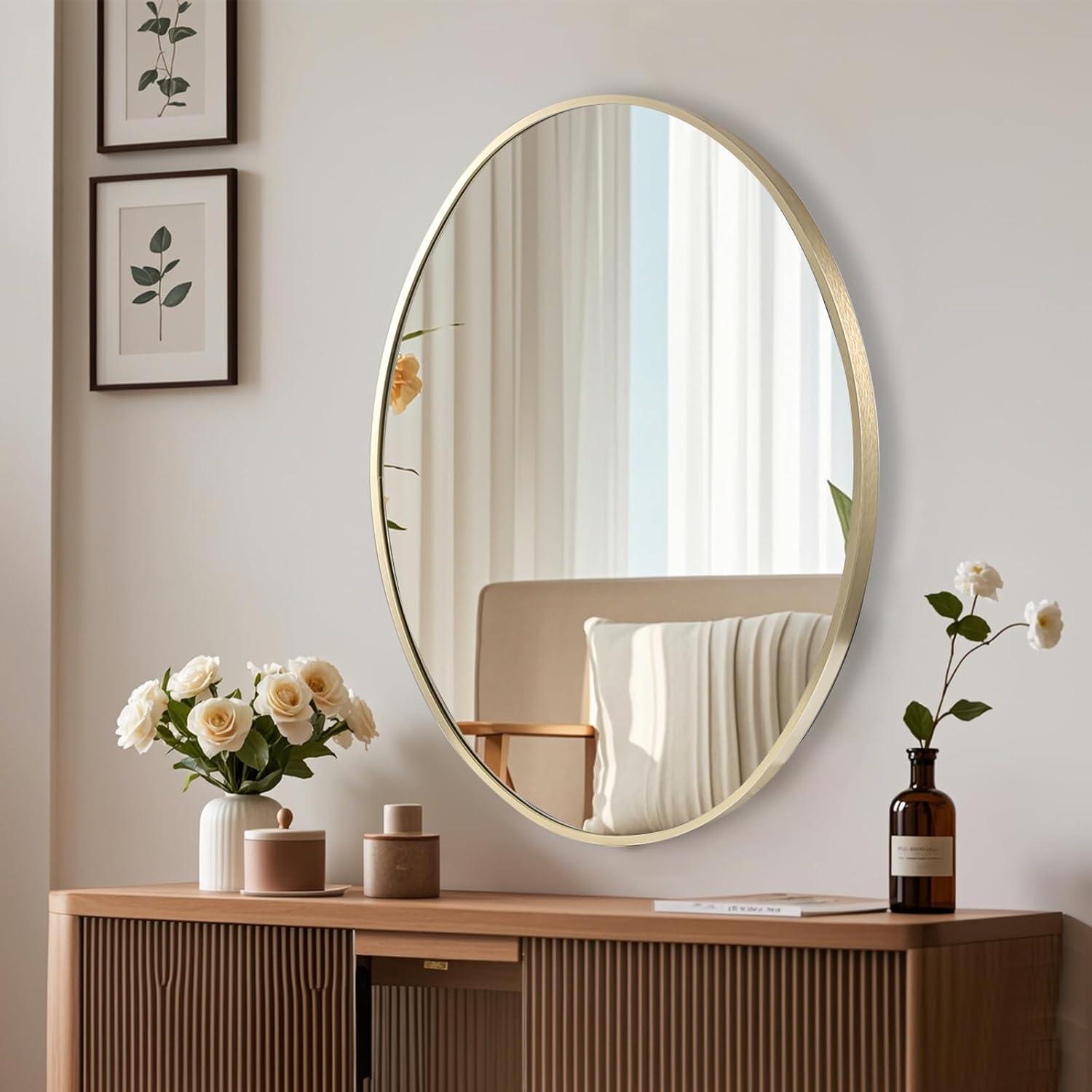 24x36 inch Oval Mirror, Brushed Gold Oval Wall Mirror, Metal Frame Pill Mirror, Gold Bathroom Mirrors for Over Sink, Entryway, Bedroom, Living Room(Horizontally or Vertically)