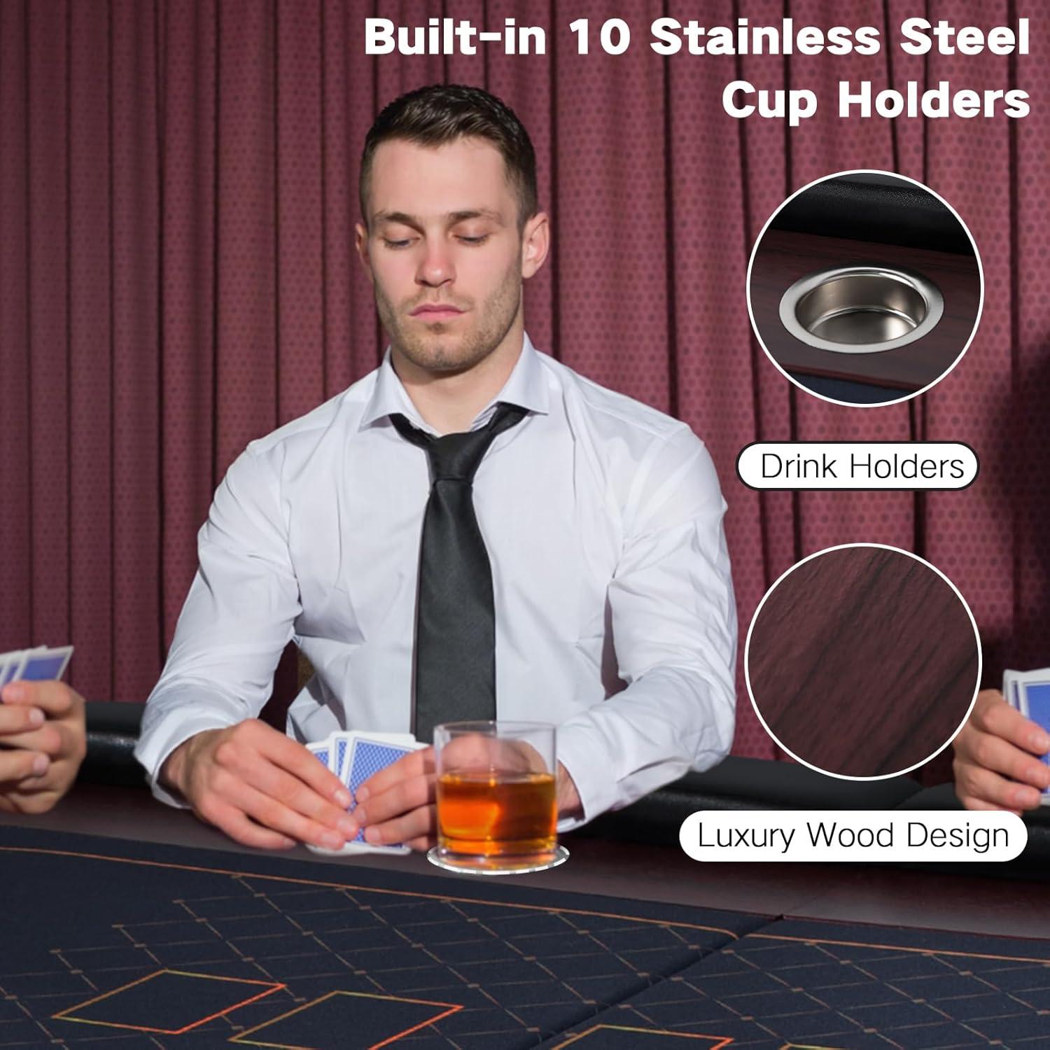 RayChee 86" Folding 10 Player Poker Table, Foldable Texas Holdem Table for Game Room with Padded Rails and Cup Holders, No Assembly Required