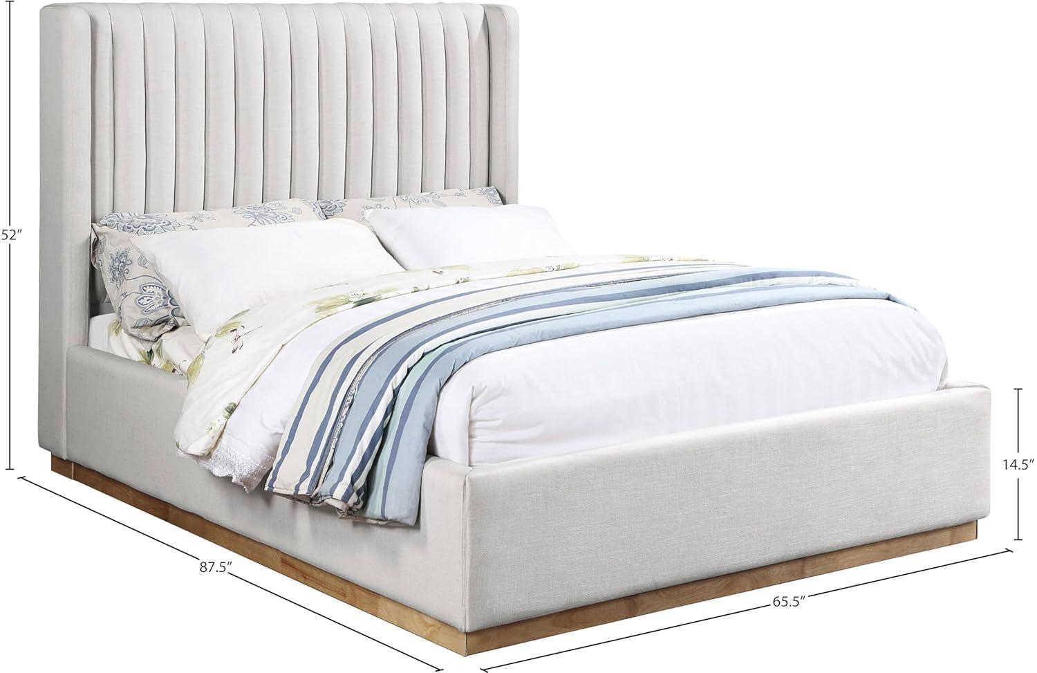 Meridian Furniture Queen Contemporary Linen Fabric Wingback Bed, Cream