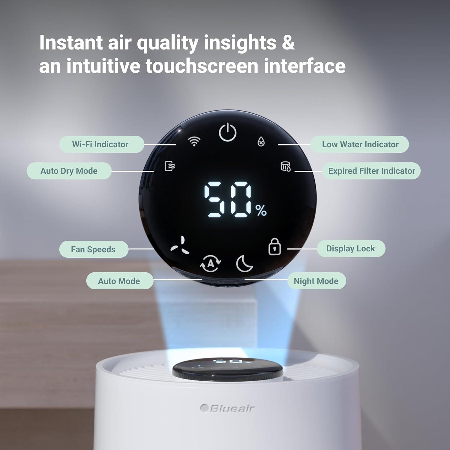 BLUEAIR Premium Smart Humidifier for Large Rooms, Bedrooms, Better Sleep with Evaporative Invisible Mist Tech, Auto Humidify, Easy Top Fill, Smart Control with App, Touchscreen, 3.5L Tank for 48 hours