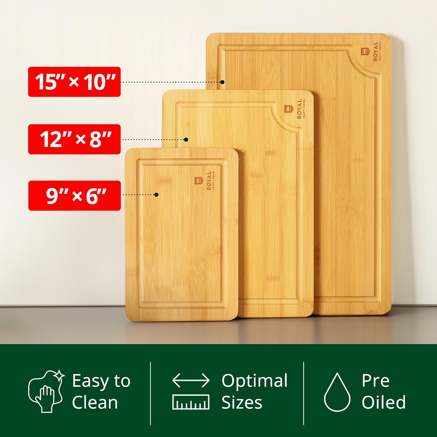 Bamboo Cutting Board Set of 3 with Side Trays - Wood Cutting Boards For Kitchen for Meat, Cheese, Fruits & Vegetables by Royal Craft Wood