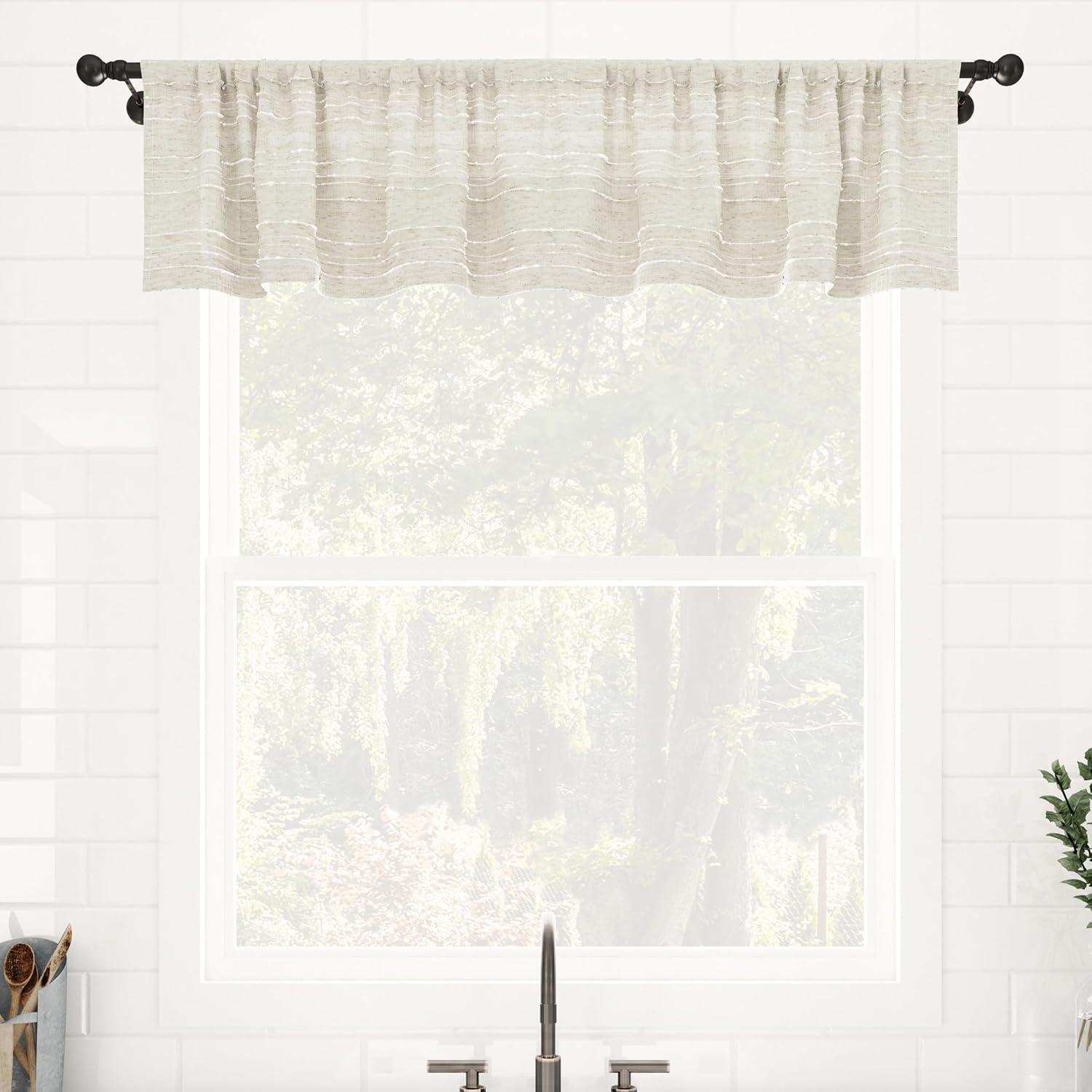 Clean Window Clean Window Aya Textured Slub Stripe Linen Blend Sheer Rod Pocket Kitchen Curtain Valance