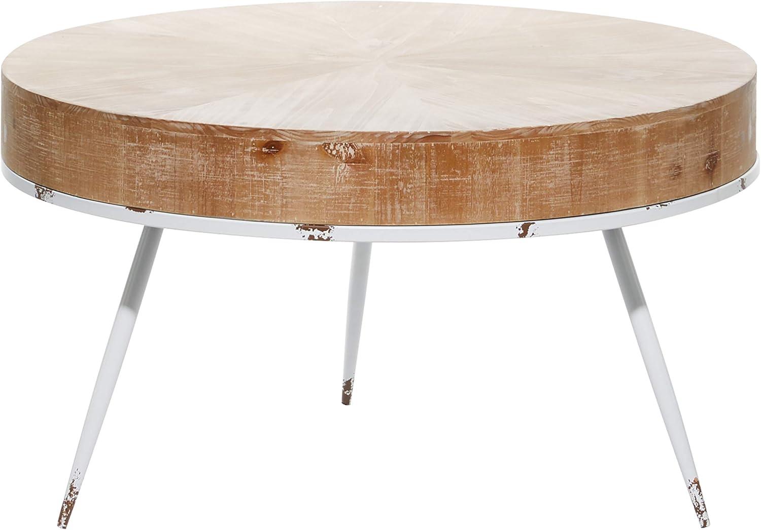 Modern Minimalist Round Coffee Table with White Distressed Iron Legs, 32"W