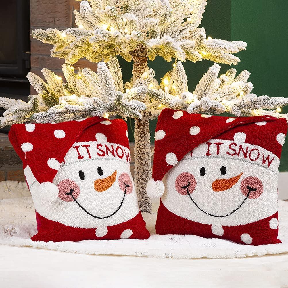 13.75" Red and White Unique Hooked 3D Snowman Pillow