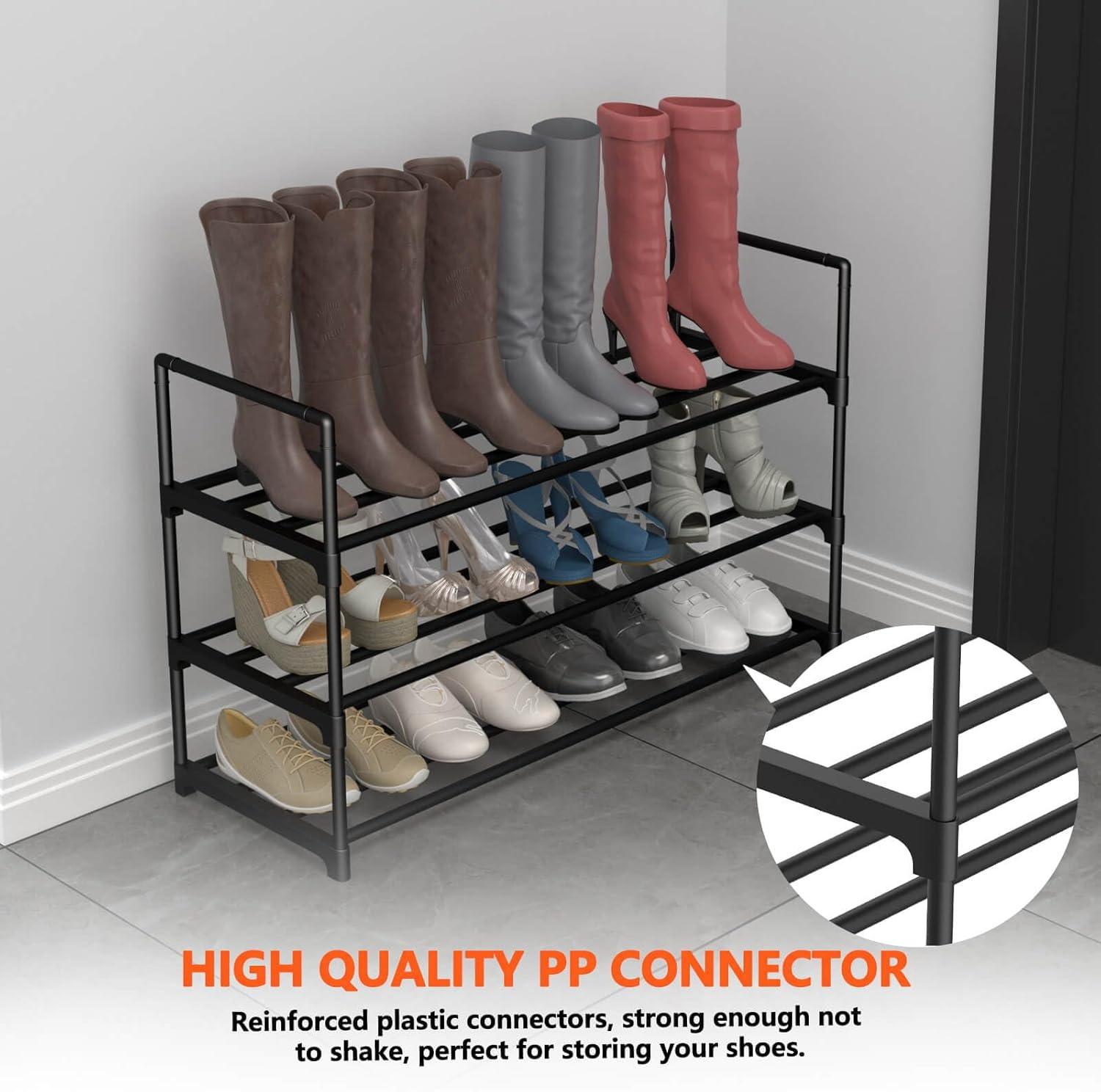 YASONIC Shoe Rack Storage Organizer, 3-Tier Black Shoe Shelf, 24 Pairs, Iron Poles & Plastic Connectors