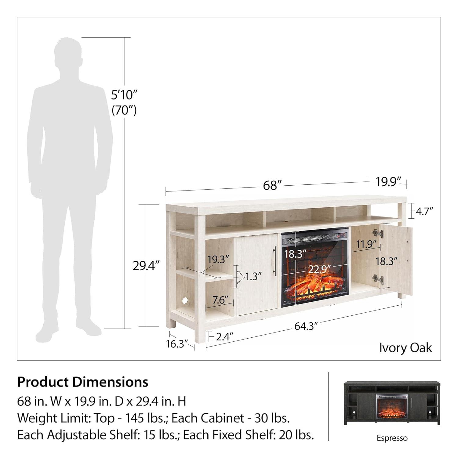 Espresso Electric Fireplace TV Stand with Cabinets and Shelves
