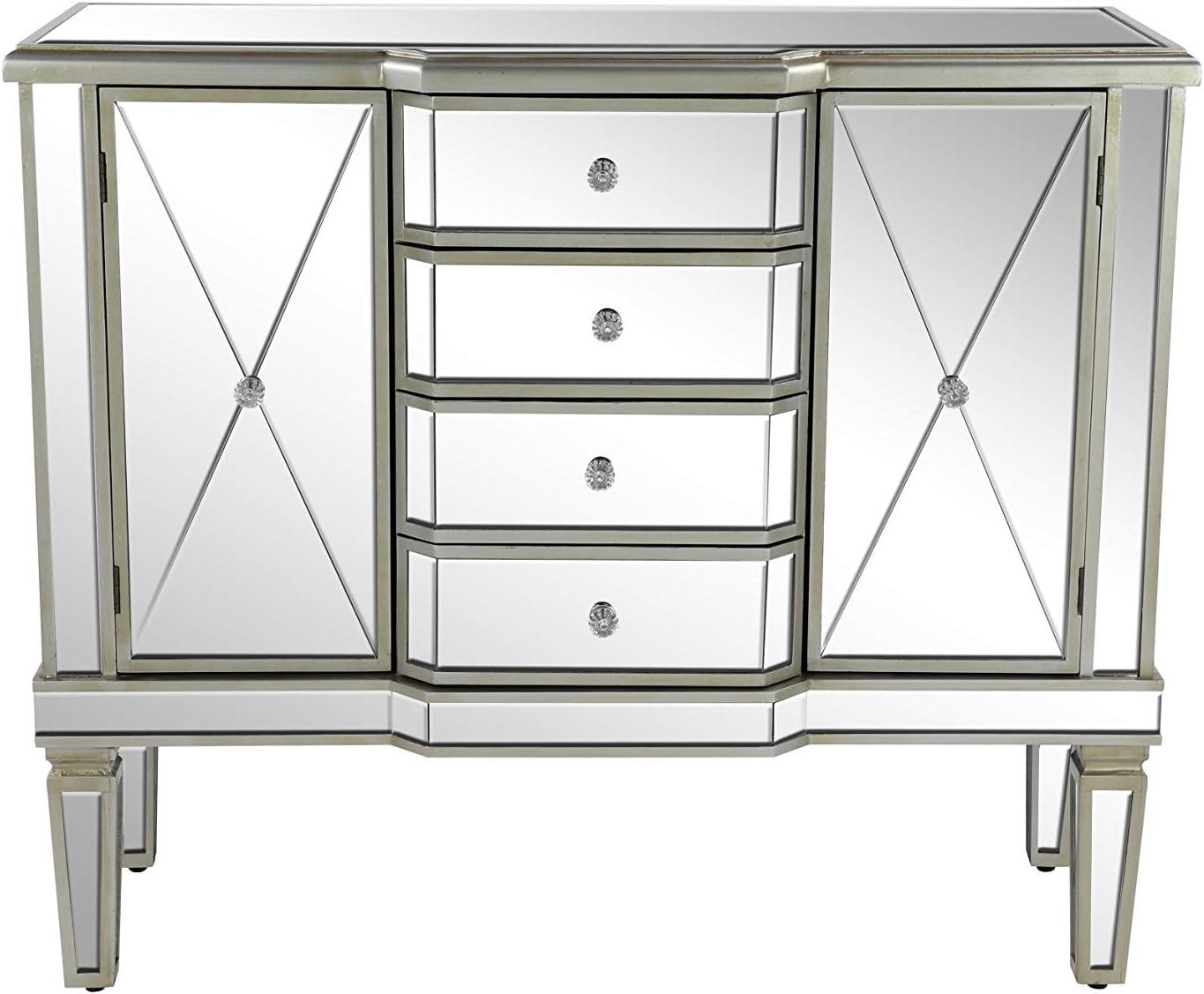 DecMode 39" x 34" Silver Wood Mirrored Panel 4 Drawers 2 Shelves and 2 Doors Buffet with Acrylic Knob Handles, 1-Piece