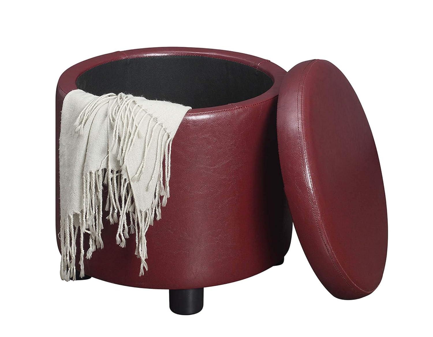 Burgundy Faux Leather Round Storage Ottoman with Reversible Tray