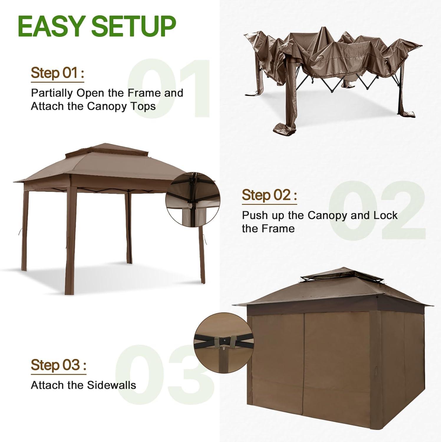 COOS BAY 11x11 Pop-up Instant Gazebo Tent with 4 Sidewalls Outdoor Canopy Shelter,Brown