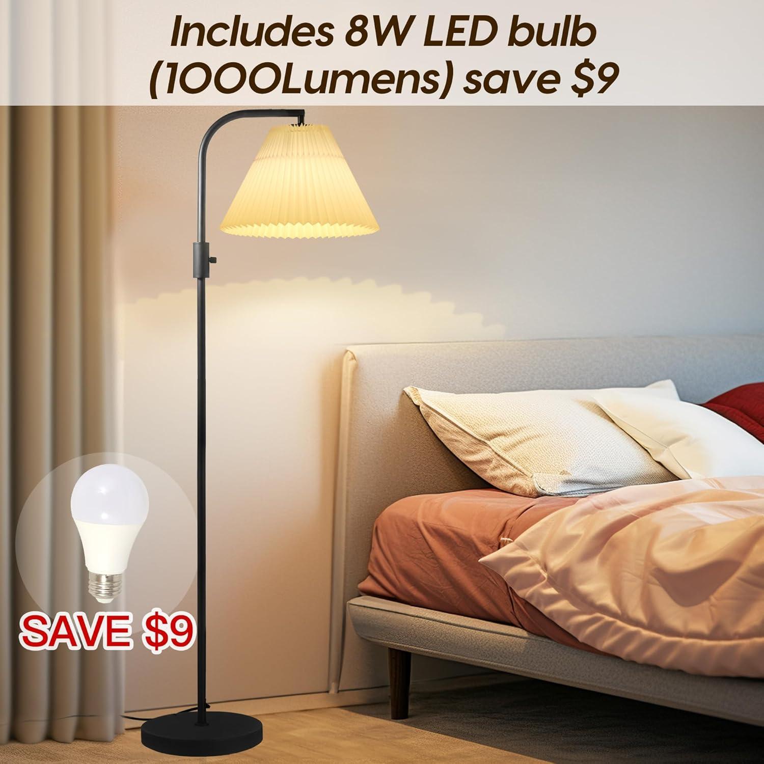 COFF Dimmable Floor Lamp, Arc Standing Lamp with 1000 Lumens LED Edison Bulb Included, Pleated Shade Modern Tall Pole Lamp for Living Room, Bedroom, Office, Color White