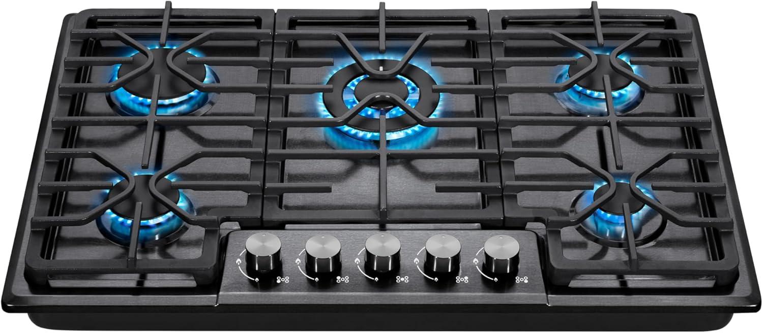 30 Inch Stainless Steel 5 Burner Gas Cooktop with Cast Iron Grates