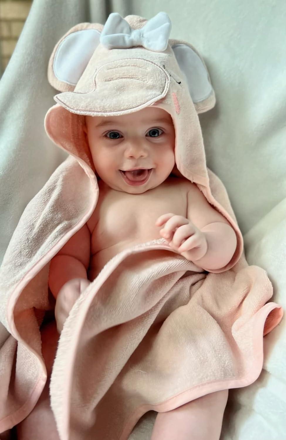 Delicate Pink Cotton Hooded Elephant Baby Washcloth and Towel Set