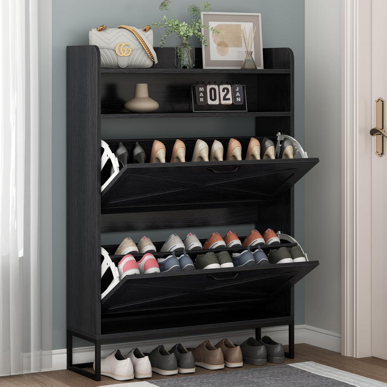 Shoe Cabinet with 2 Flip Drawers, Free Standing Tipping Bucket Shoe Rack Organizer with Adjustable Shelf, Shoe Storage Cabinet