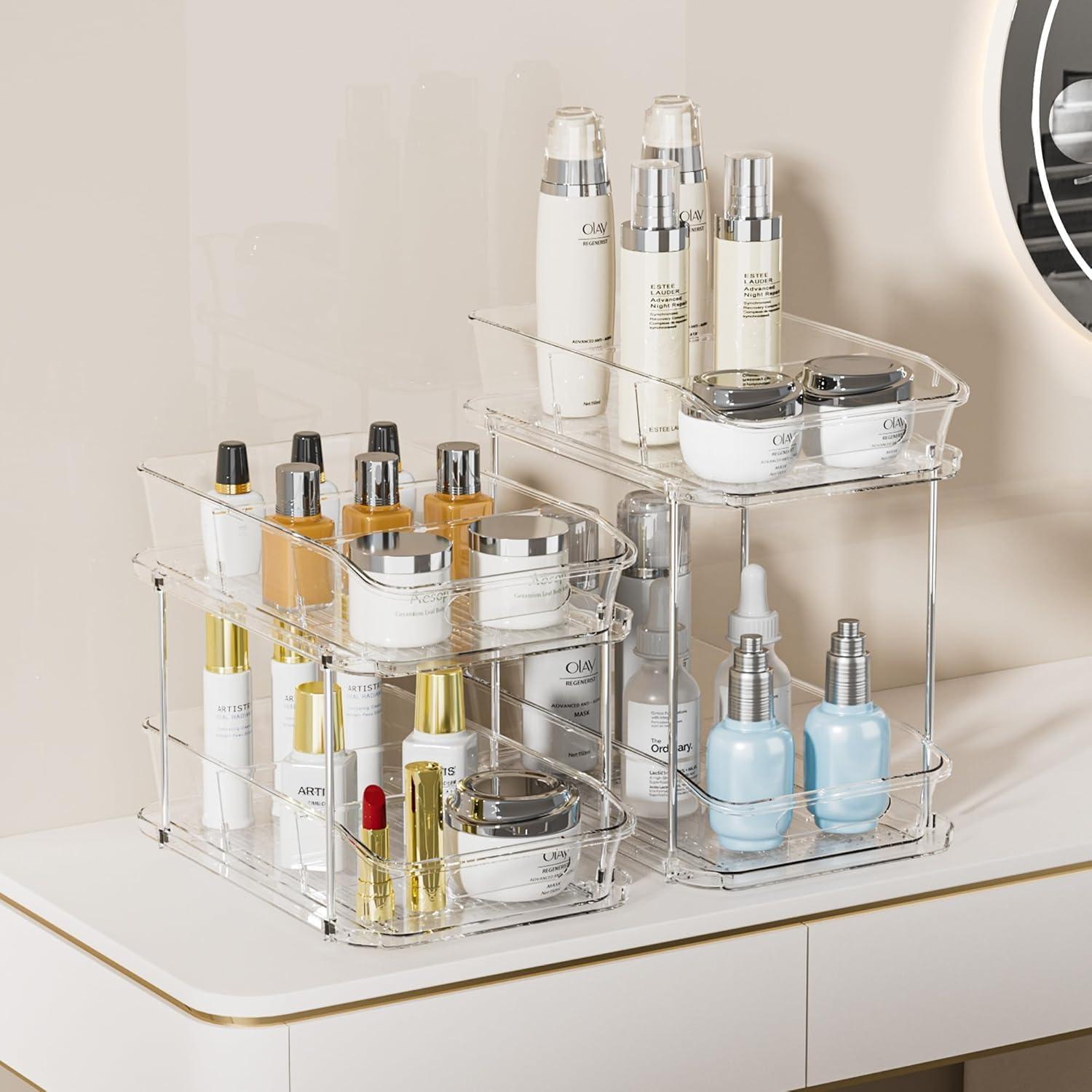 THE GLAMOUR BOUTIQUES 2 Sets Of 2-Tier Clear Under Sink Organizers And Storage, Multi-Purpose Stackable Bathroom Cabinet Organizers, Pull Out Kitchen Pantry Organization And Storage With Dividers