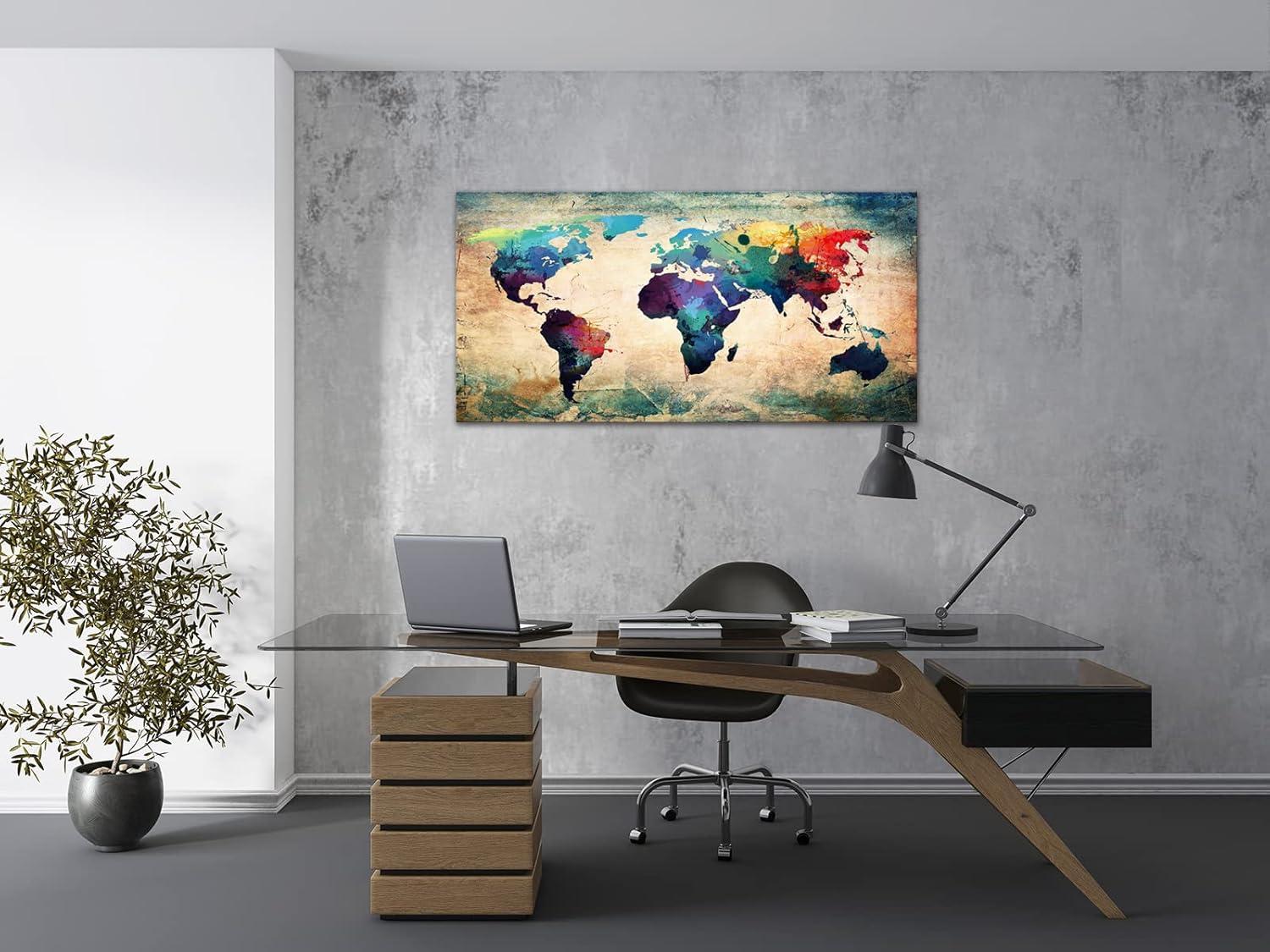 Baisuwallart-A62050 Abstract World Map Canvas Painting Vintage Posters Prints Colorful Wall Art Wall Pictures Framed Ready to Hang for Living Room Bedroom Office Home Decor