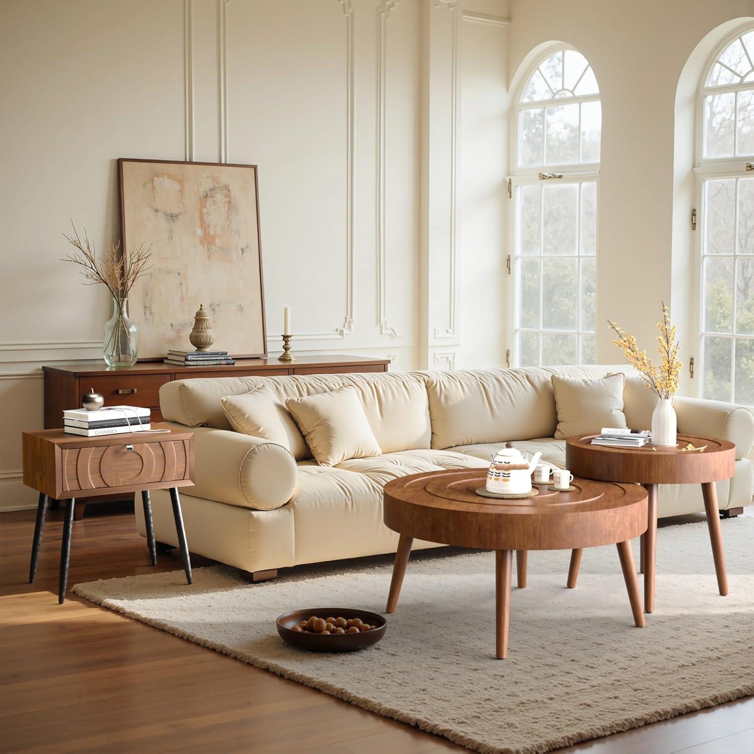 COSIEST 2 Piece Round Coffee Table Set, Modern Nesting Table with Handcrafted Wood Ring Motif, Farmhouse Wood End Table for Living Room