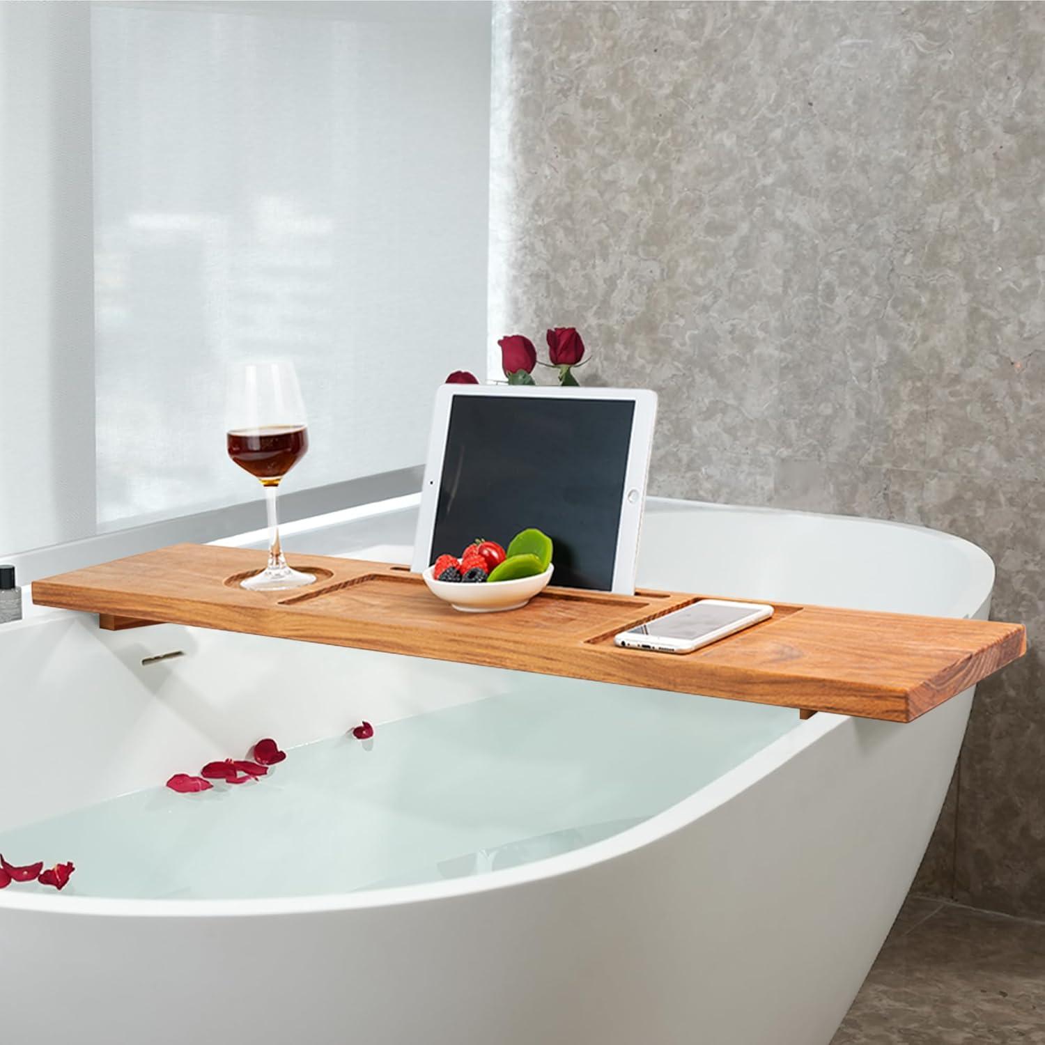 Rebrilliant Teak Bathtub Tray Table, Wooden Bath Board For Tub With Wine And Ipad Holder