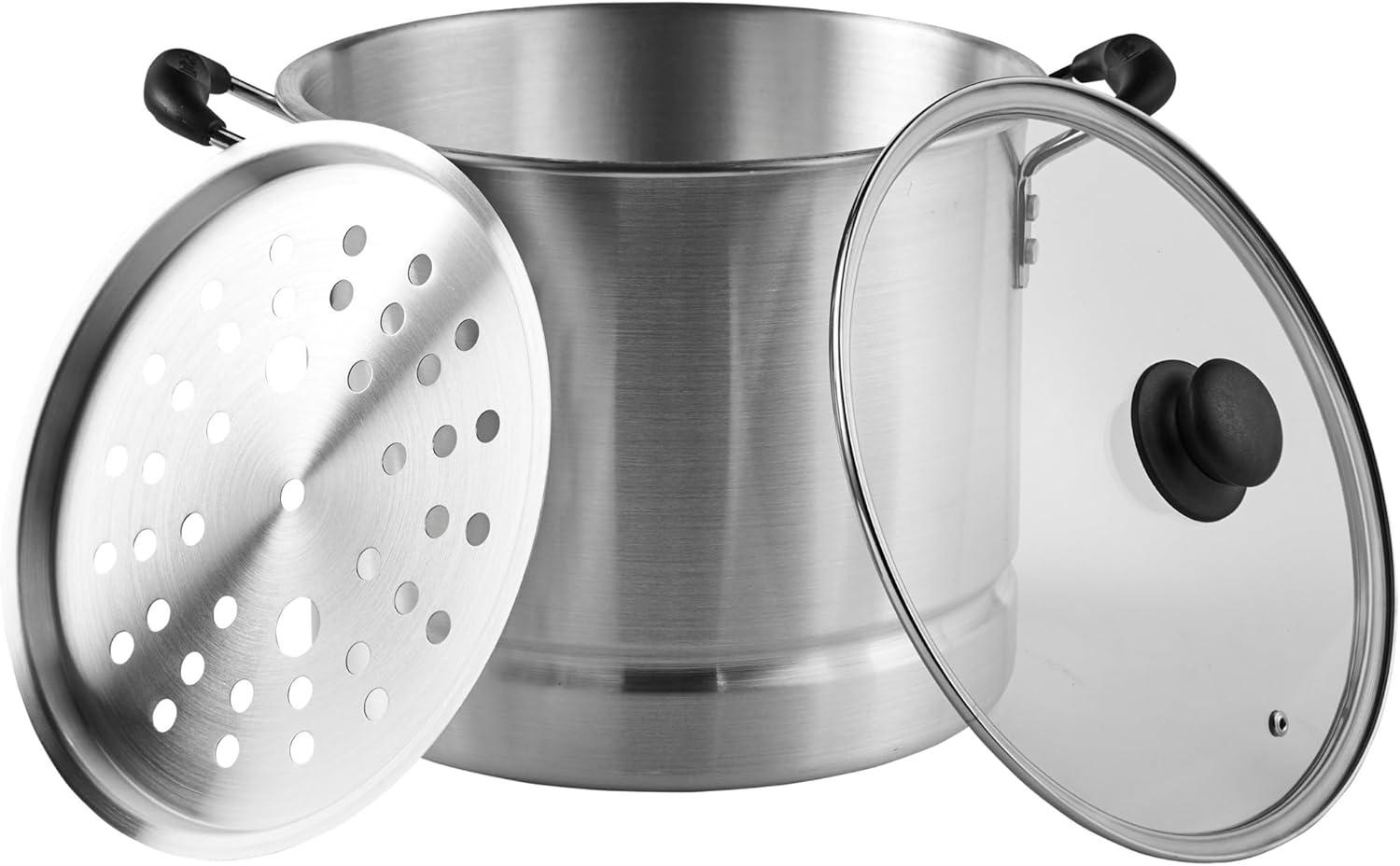 Imusa 16 Quart Aluminum Steamer Pot with Glass Lid & Removable Rack, Silver