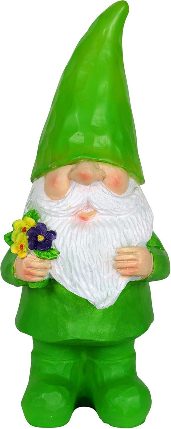 Green LED Solar-Powered Resin Garden Gnome with Flowers