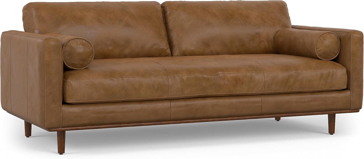 Simpli Home Morrison Genuine Leather Sofa, Mid-Century Modern Couch for Living Room, Handcrafted with Removable Cushions