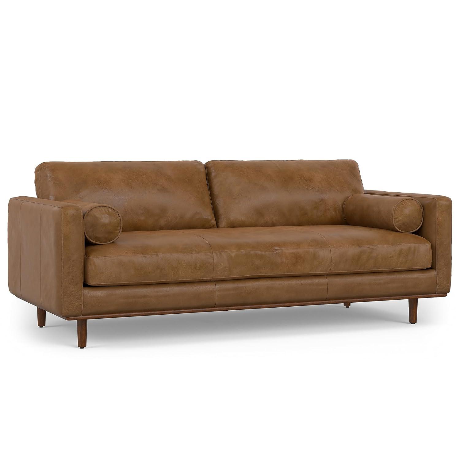 Simpli Home Morrison Genuine Leather Sofa, Mid-Century Modern Couch for Living Room, Handcrafted with Removable Cushions