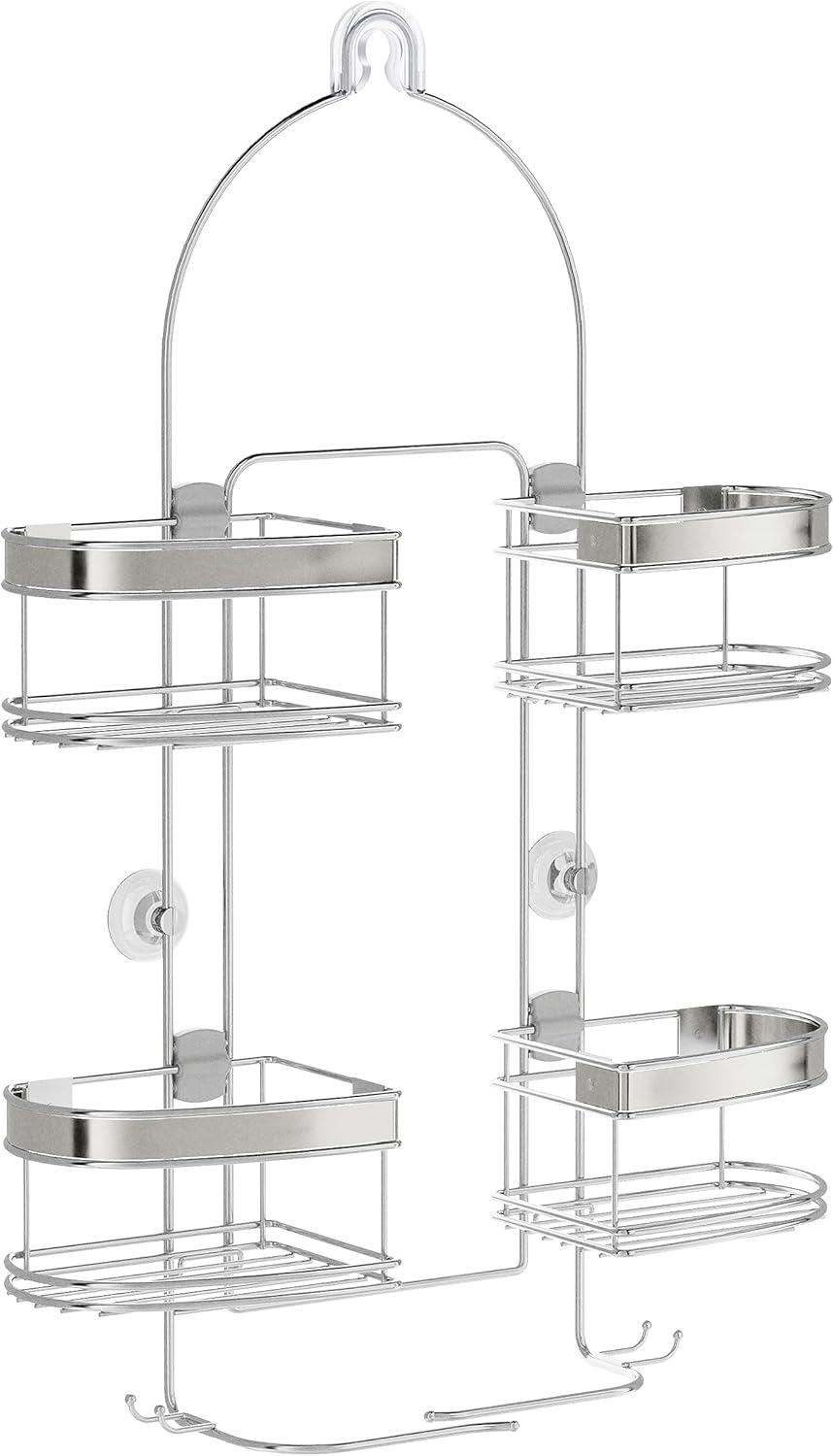 Hanging Shower Caddy, Over the Shower Head Bathroom Storage, Stainless Steel, For Handheld Shower Hoses, Rust Resistant, No Drilling, Expandable Organizer, 4 Baskets, Razor Holders, Hooks