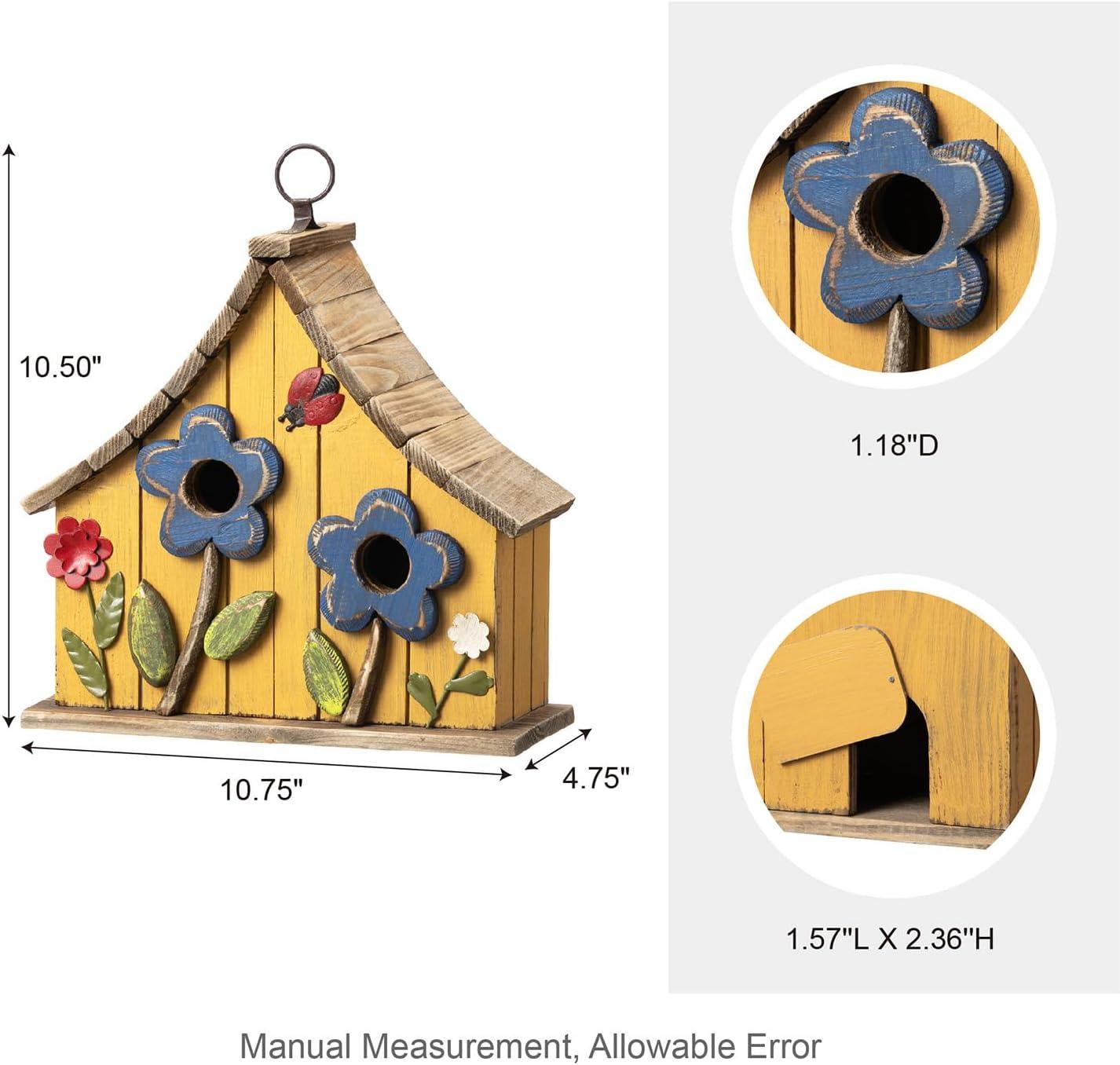 Yellow Distressed Solid Wood Birdhouse with 3D Flowers