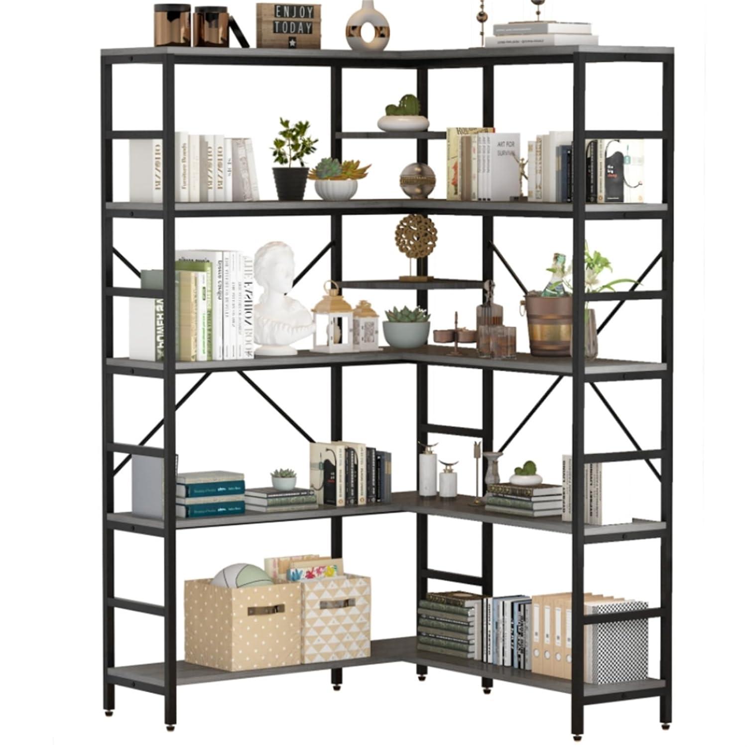 L-Shaped Corner Bookshelf, 5-Tier Industrial Bookcase with Heavy-Duty Metal Frame, Tall Storage Display Shelf for Bedroom, Living Room, and Home Office
