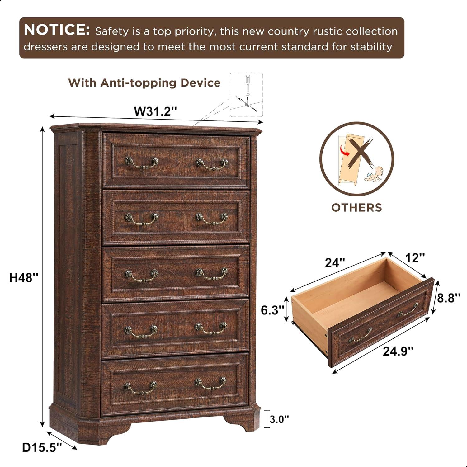 Laurel Foundry Modern Farmhouse® Theron Farmhouse 5 Drawer Bedroom Dresser, Wood Tall Chest of Drawers, Closet Storage for Bedroom